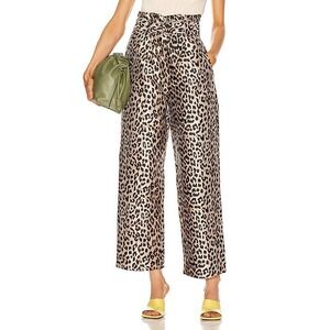 GANNI NWT Women's Crispy Jacquard Leopard Print Tie Waist Pants Wide Leg- Size 8